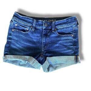 American Eagle Low Rise Stretch Denim Short Shorts Dark Blue Wash Sz 4 Cuffed